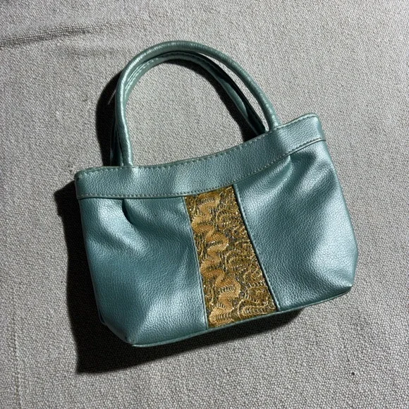 Teal Leatherette Mini Bag with Gold Accent - Picture 1 of 6